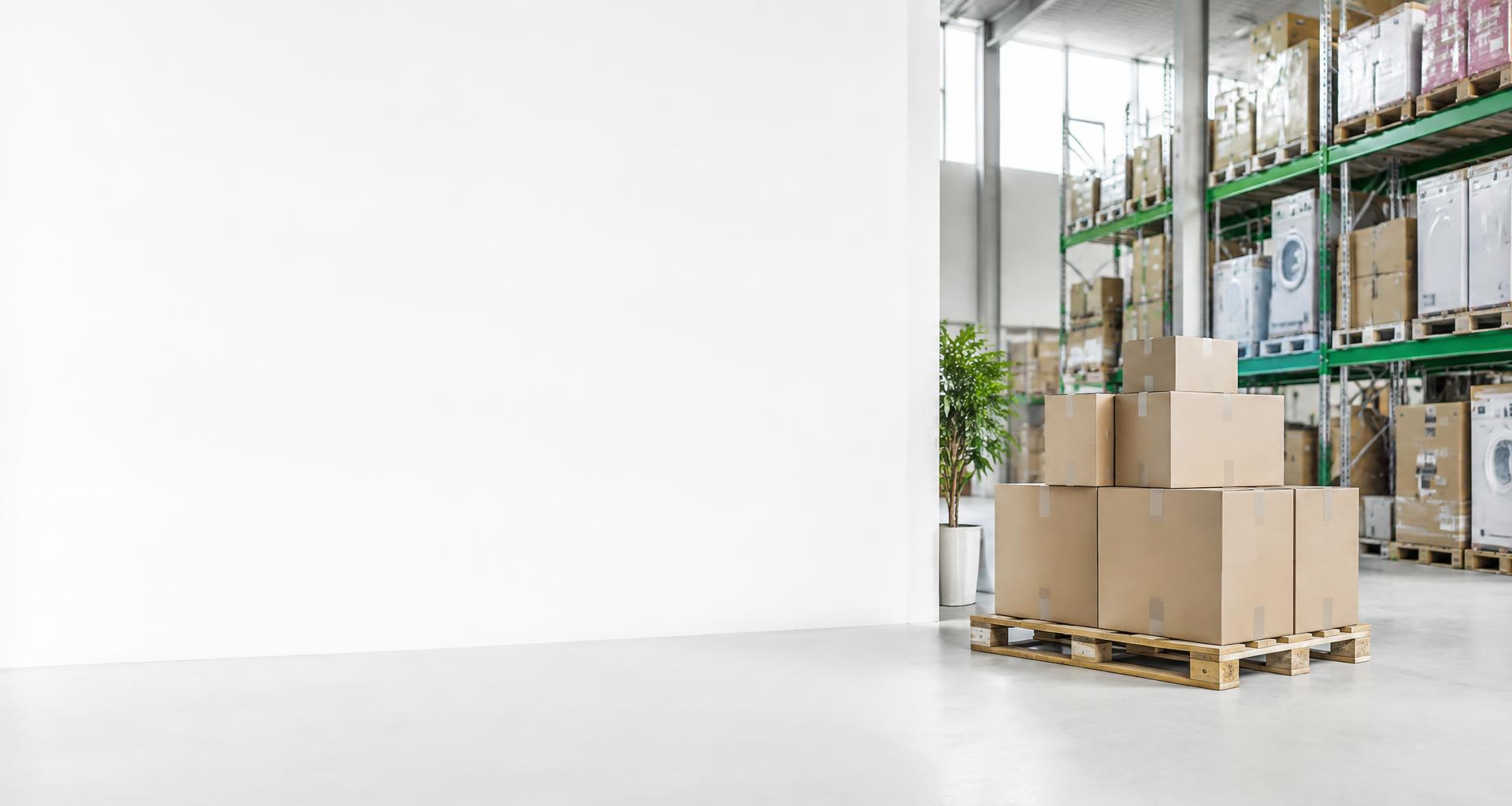 Illustrative warehouse with packaged goods ready for fulfilment